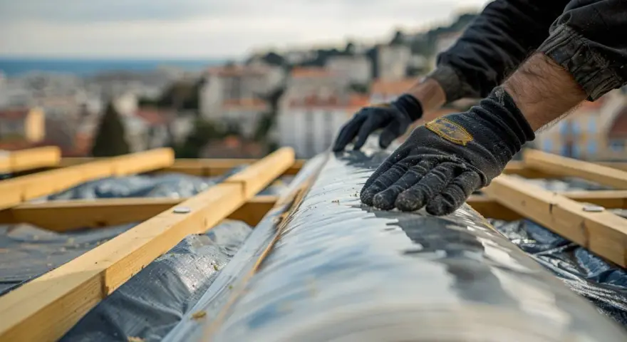 Mains gantées déroulant un pare-pluie sur une charpente en bois, avec une ville et la mer en arrière-plan.