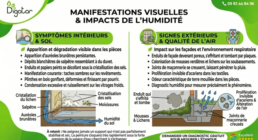 Infographie sur les manifestations et impacts de l'humidité, incluant les symptômes intérieurs, extérieurs et les solutions pour l'étanchéité mur enterré.