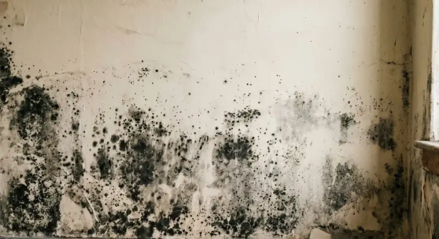 Murs blancs couverts de moisissure noire et verte, près du sol.