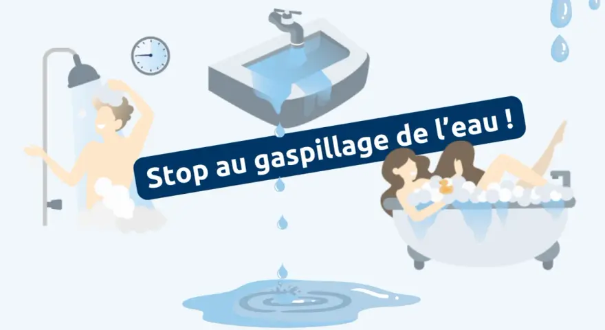 Des gouttes d'eau tombent d'un lavabo et d'une douche, illustrant le gaspillage d'eau à la maison. Une baignoire pleine de mousse est également visible.