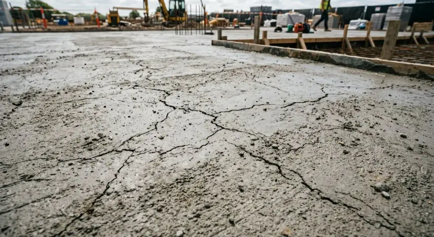 Dalle de béton fraîchement coulée présentant des fissures. Chantier en arrière-plan.