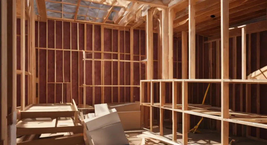 Intérieur d'une maison en construction, avec charpente en bois et pose de laine de verre sur les murs.