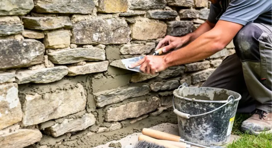 Un maçon applique du mortier sur un mur de pierres brutes, assurant un **traitement pierre** durable. Outils et seau de ciment à proximité.