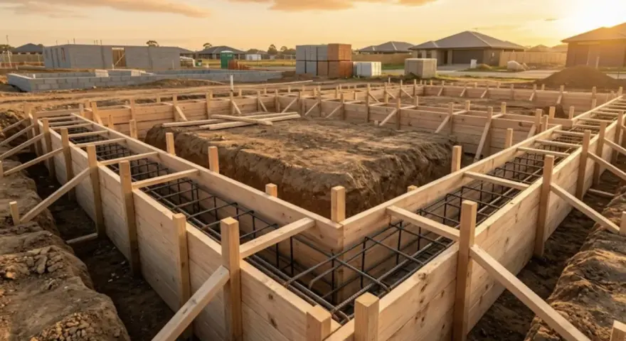 Construction d'une fondation : on peut voir le travail pour faire un coffrage en bois, prêt à recevoir le béton.