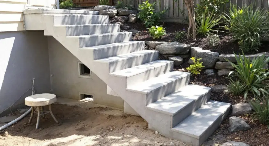Un nouvel escalier extérieur en béton mène à un jardin paysager avec des rochers et des plantes luxuriantes.