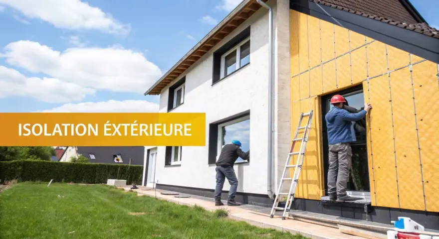Des ouvriers installent une isolation extérieure sur une maison. Ce chantier modenature ite améliore le confort et l'efficacité énergétique.