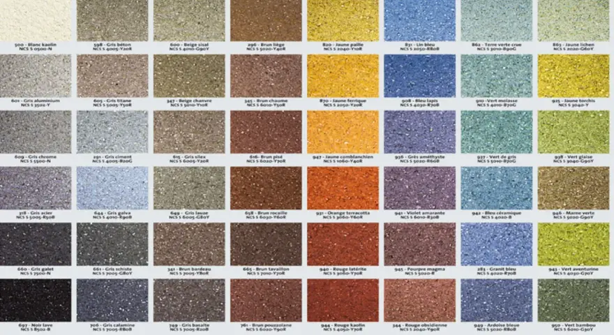 Échantillons de couleur enduit facade : une grille de 60 carrés présentant des textures granuleuses dans une palette de gris, bruns, jaunes, bleus, verts et rouges.