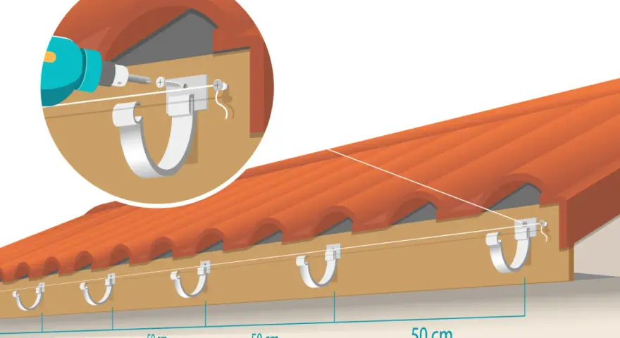 Illustration montrant la pose de gouttière PVC. Une perceuse fixe un support sur la planche de rive, à 50 cm d'intervalle.