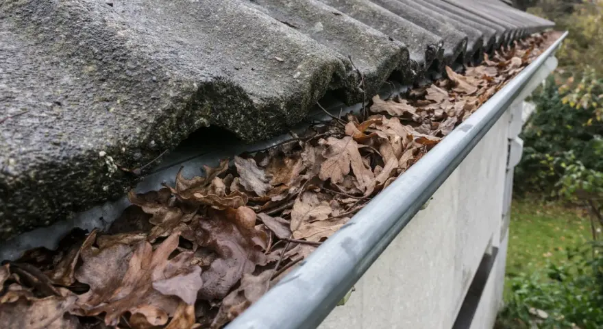 Gouttière remplie de feuilles mortes, nécessitant un nettoyage pour **déboucher la gouttière** et assurer un bon écoulement.