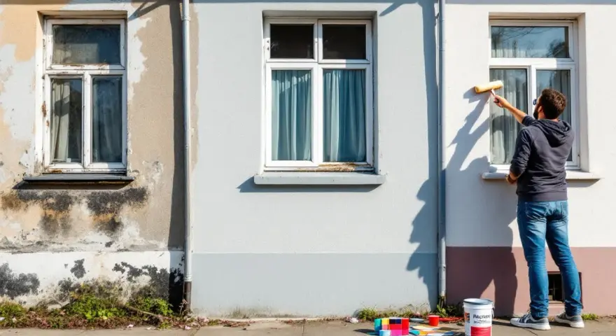 Un homme rénove une façade, appliquant un nouvel enduit soubassement. Des échantillons de couleurs et un pot de peinture sont prêts.