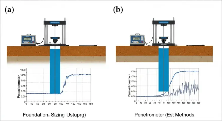 Schémas comparant deux méthodes d'essai pour le dimensionnement de la semelle de fondation : un poussiomètre et un pénétromètre.