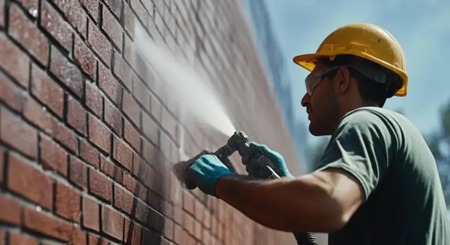Un ouvrier en casque jaune nettoie un mur de briques avec un jet d'eau, assurant l'évacuation eau de pluie.
