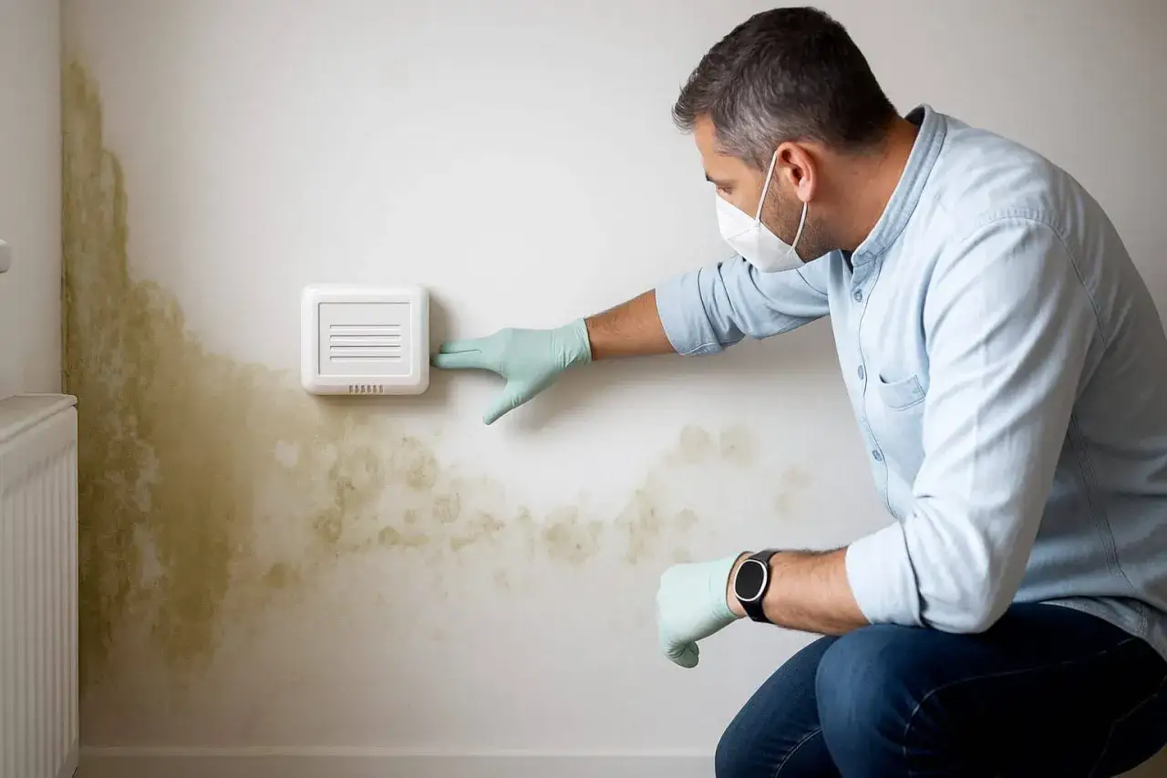 Un homme masqu&eacute; examine un mur humide couvert de moisissure. Que faire face &agrave; ce mur humide ?