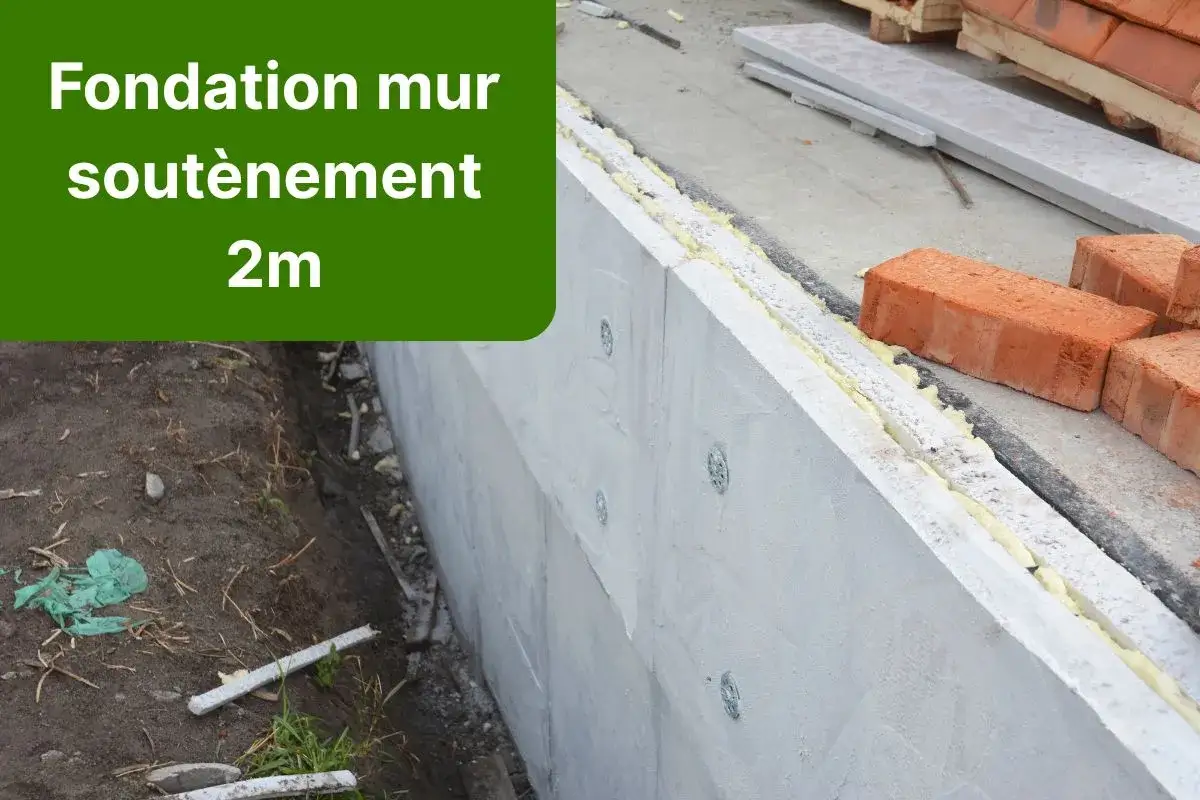 Construction d'une fondation mur de soutènement de 2m. Le mur en béton est visible, avec des briques et des matériaux de construction à proximité.
