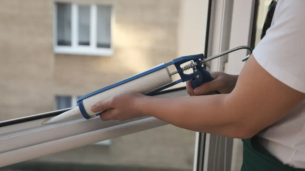 Application d'un mastic joint autour d'une fenêtre pour assurer l'étanchéité.