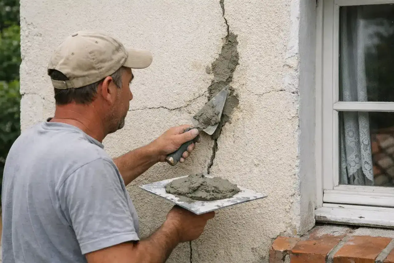 Un ouvrier répare une micro fissure sur le mur d'une maison avec du mortier et une truelle.