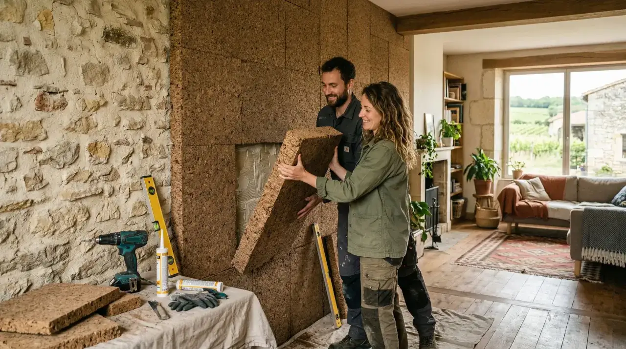 Un couple installe des panneaux d'isolation en li&egrave;ge sur un mur int&eacute;rieur. L'&eacute;paisseur du mat&eacute;riau sugg&egrave;re une excellente isolation thermique.