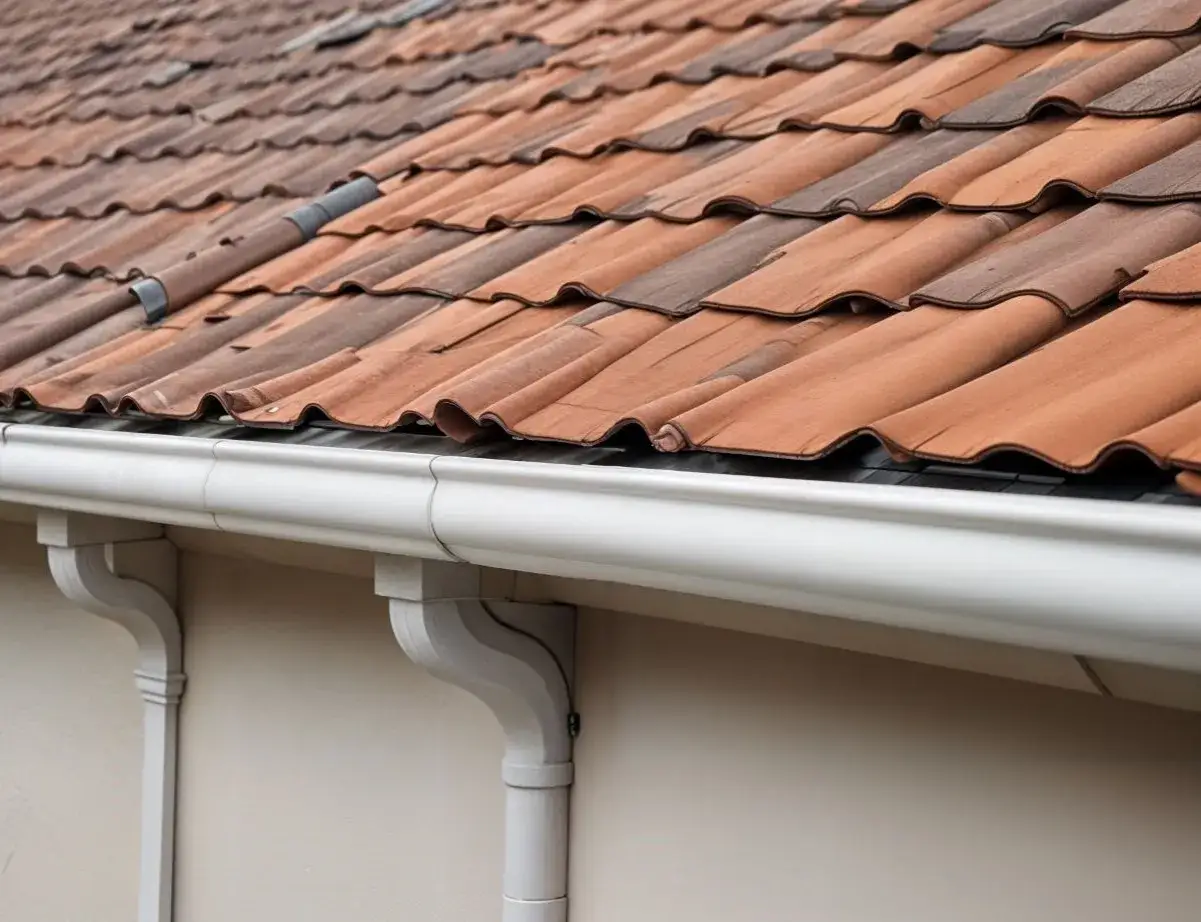 Goutti&egrave;re blanche install&eacute;e pour l'&eacute;vacuation eau de pluie sous un toit en tuiles.