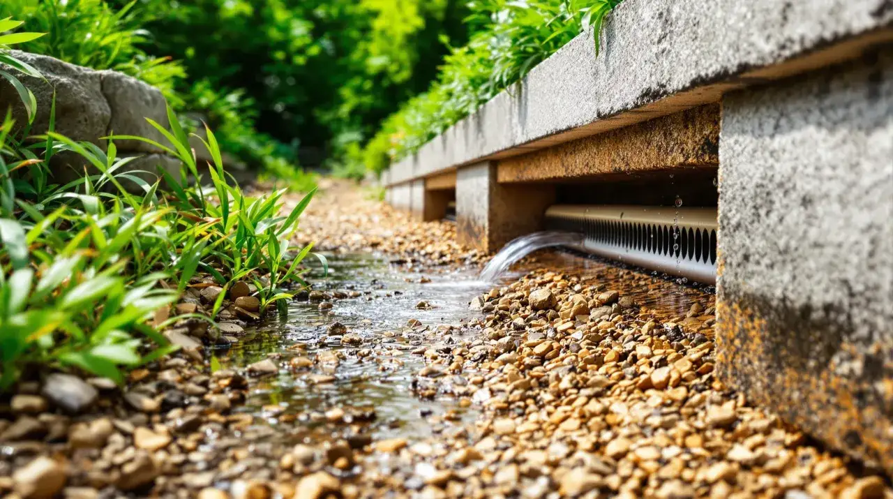 L'eau s'écoule d'un drain sous un mur de soutènement, créant un petit ruisseau sur des cailloux et de l'herbe verte.