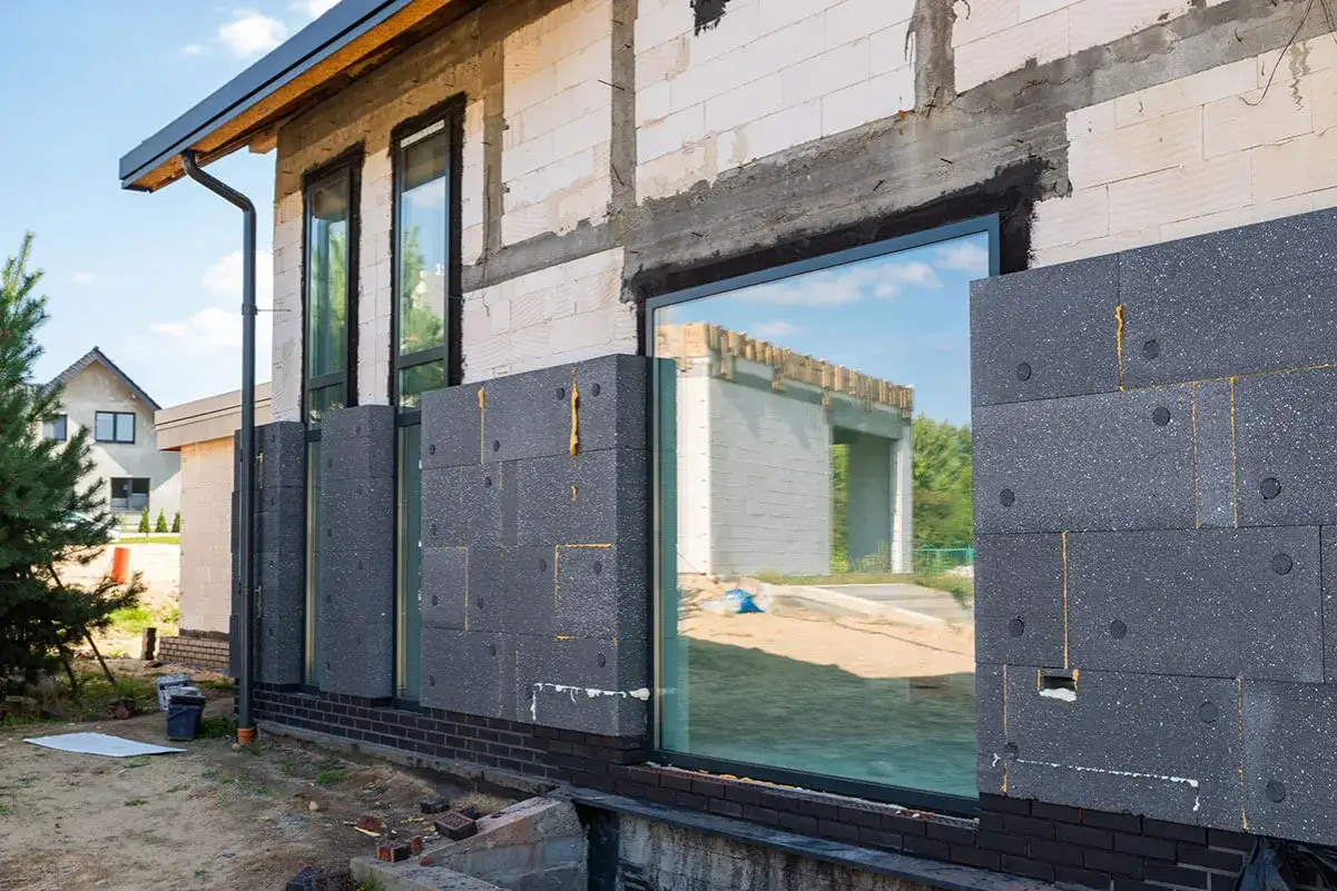 Maison en construction avec isolation extérieure en polystyrène expansé gris. Le chantier progresse, assurant une bonne rge qualibat isolation.