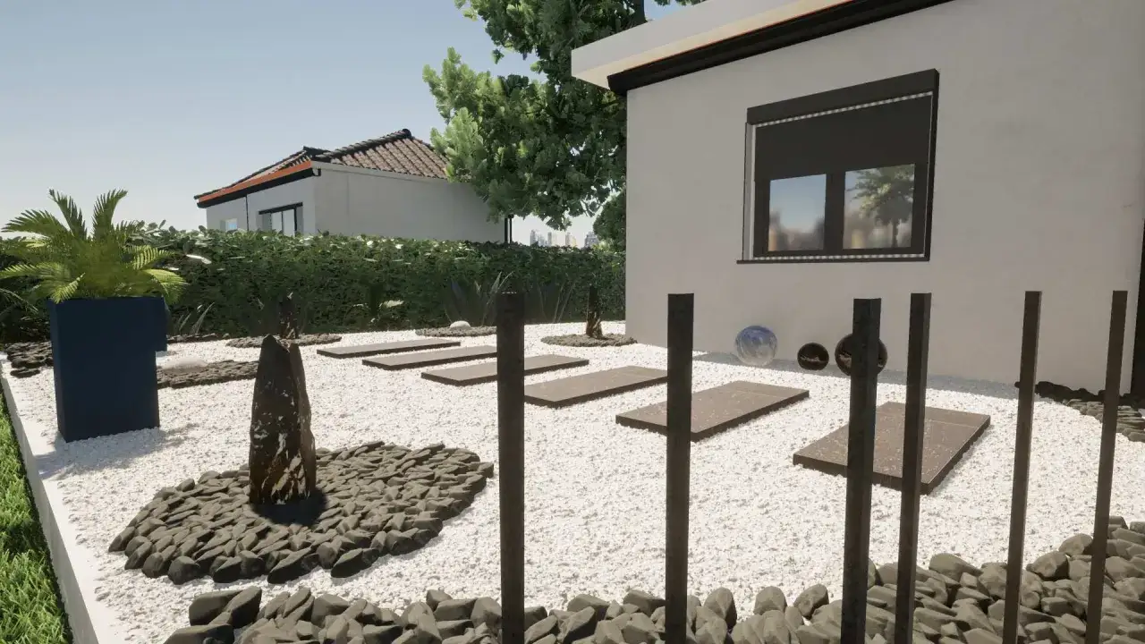 Jardin zen avec des dalles sur du sable stabilisé, des pierres et une végétation luxuriante.