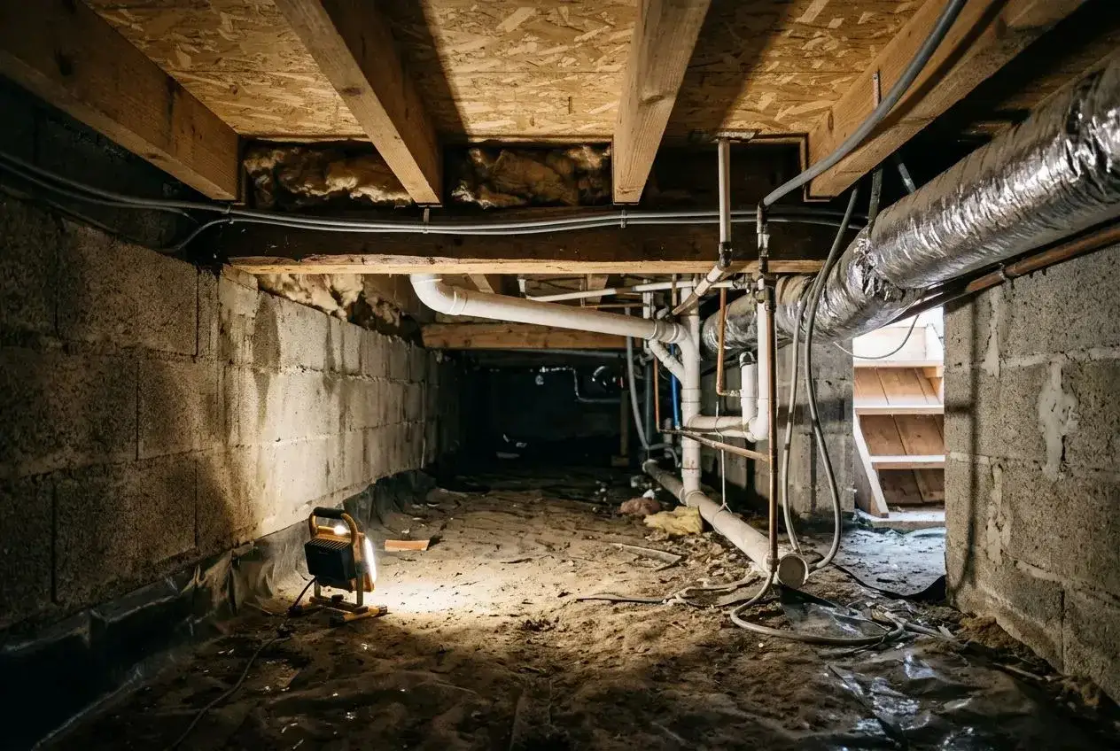 &Eacute;clairage d'un vide sanitaire avec un projecteur, r&eacute;v&eacute;lant les tuyaux et la b&acirc;che d'&eacute;tanch&eacute;it&eacute; vide sanitaire.