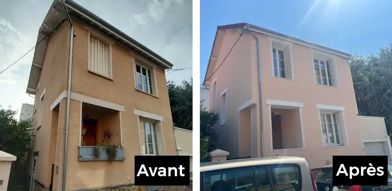 Maison avant après : façade rénovée, plus lumineuse et moderne. Les volets ont été changés, la peinture rafraîchie.
