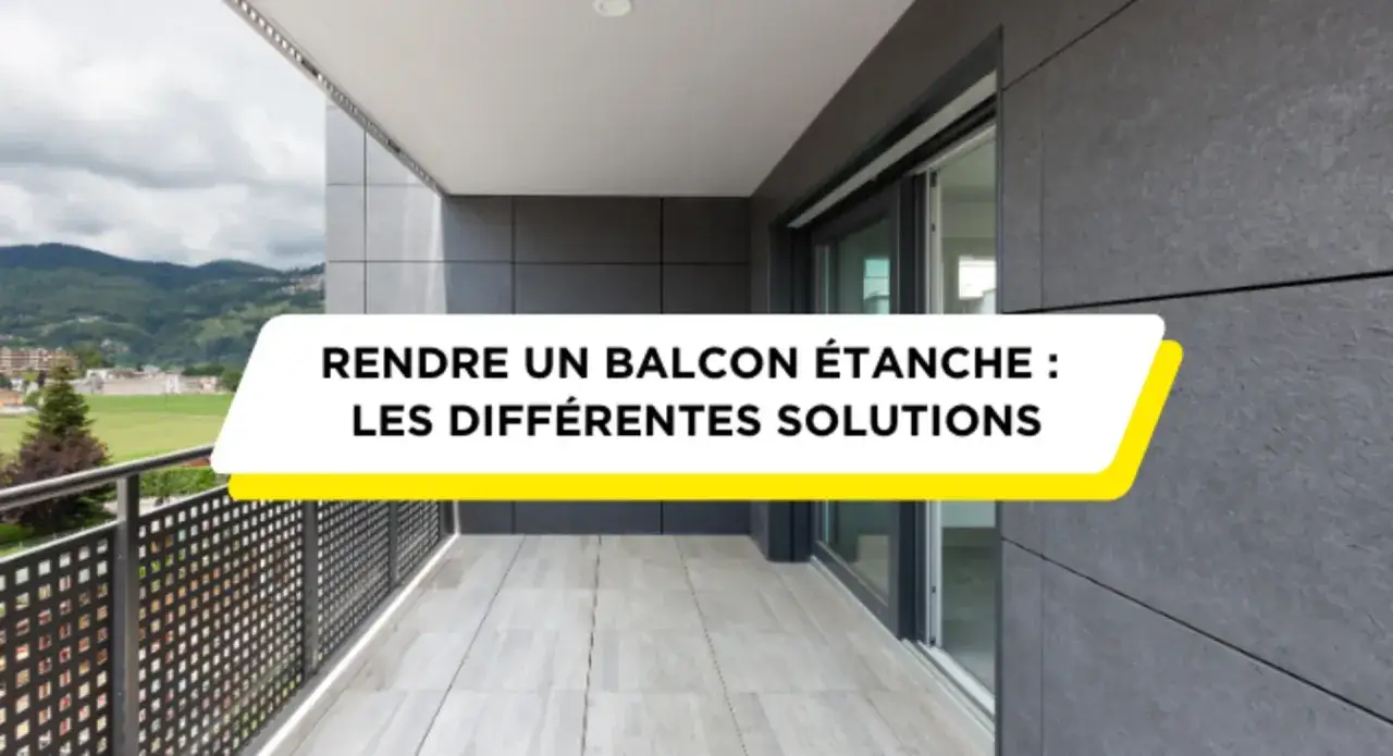 Un balcon moderne avec une vue sur les montagnes. Le texte indique 