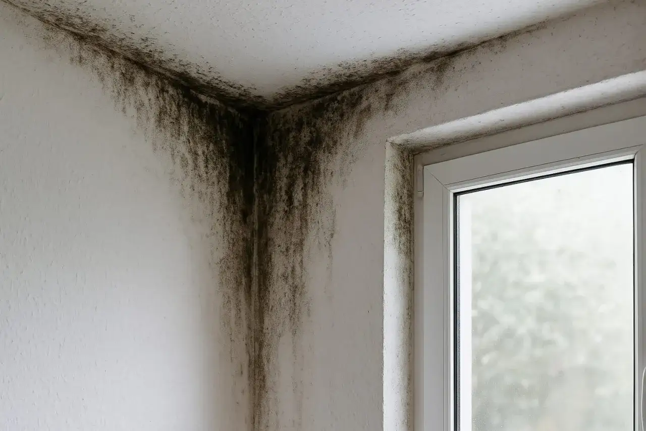 Moisissure noire dans le coin d'une pièce, signe d'un pont thermique et de condensation.