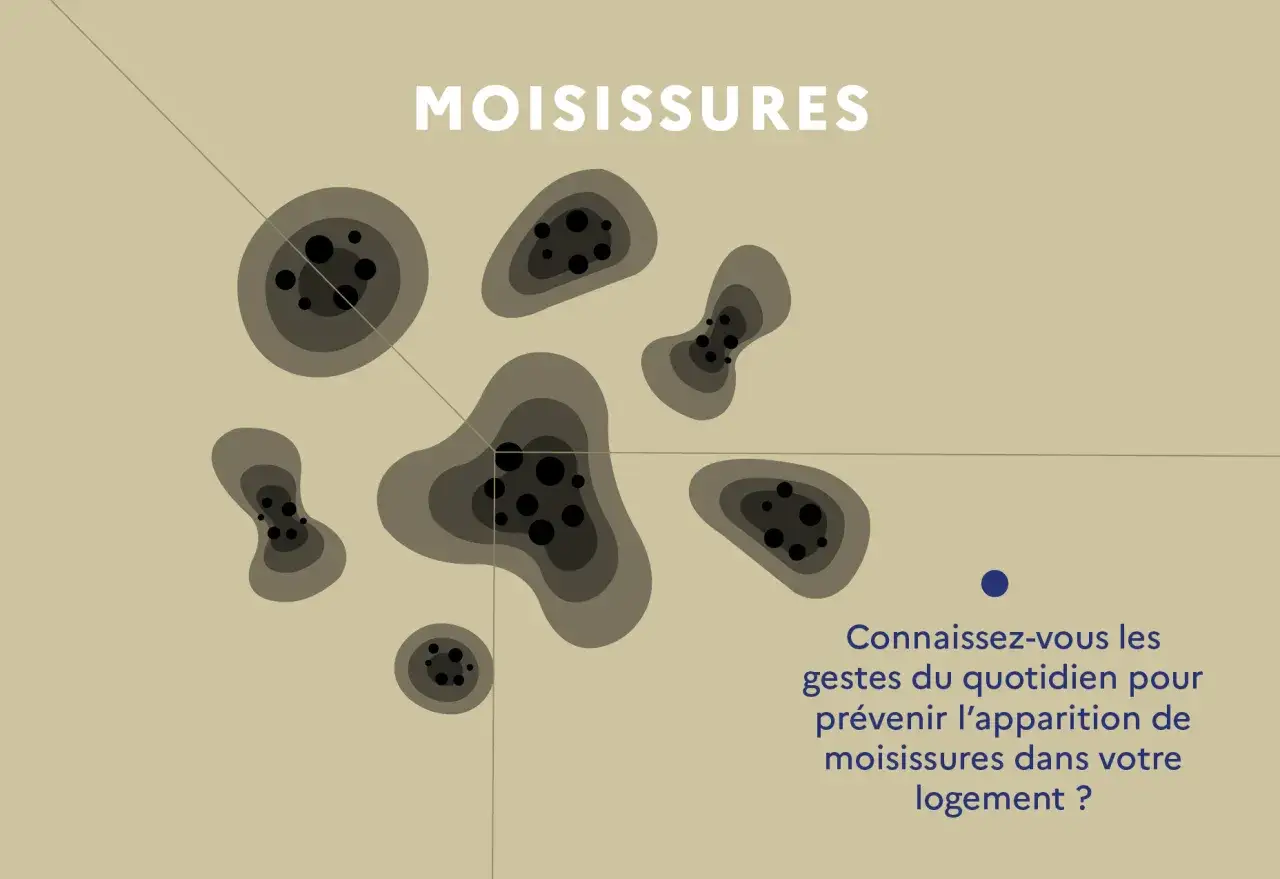 Des taches sombres et rondes, symbolisant les moisissures, sont représentées. Apprenez à nettoyer et prévenir les moisissures chez vous.