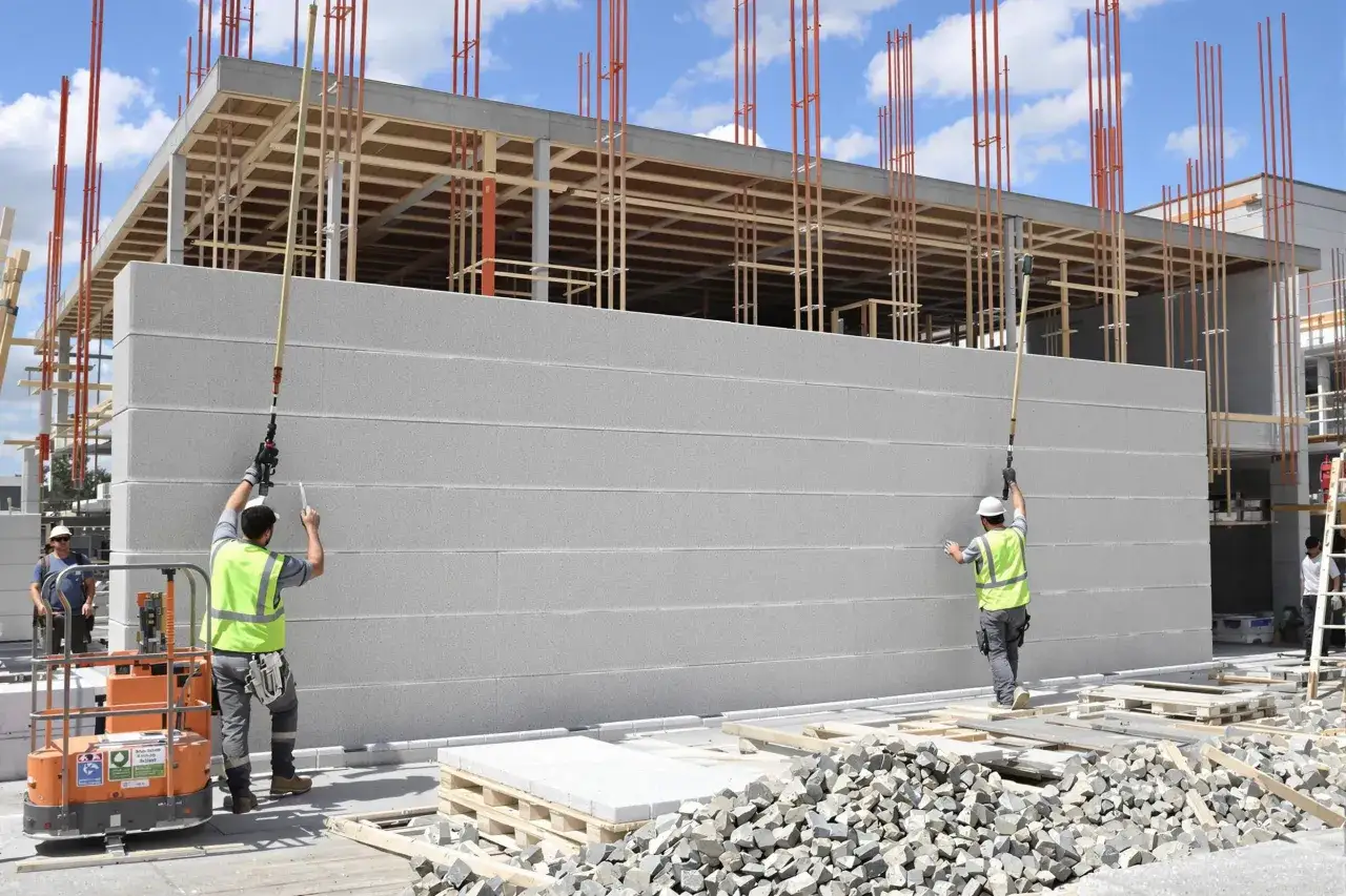 Chantier de construction : pose de blocs de b&eacute;ton cellulaire ext&eacute;rieur. Des ouvriers travaillent sur un mur gris, un sur une nacelle.