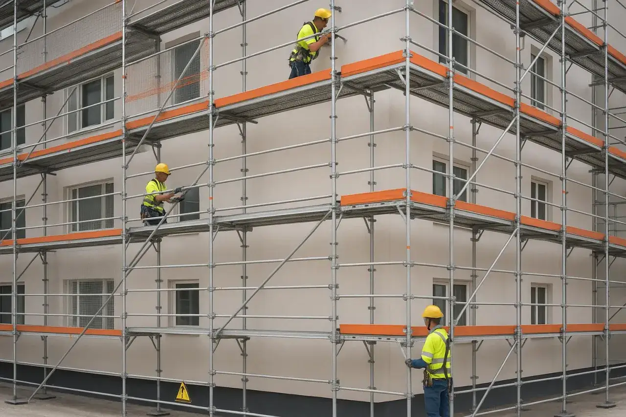 Trois ouvriers sur un &eacute;chafaudage pr&eacute;parent le sablage de la fa&ccedil;ade d'un b&acirc;timent.