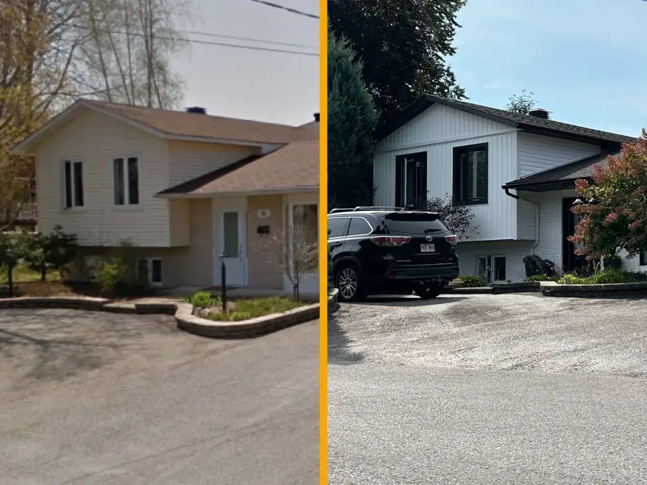 Avant/apr&egrave;s : un embellissement fa&ccedil;ade maison transforme une maison beige en une demeure blanche moderne avec un VUS noir gar&eacute;.