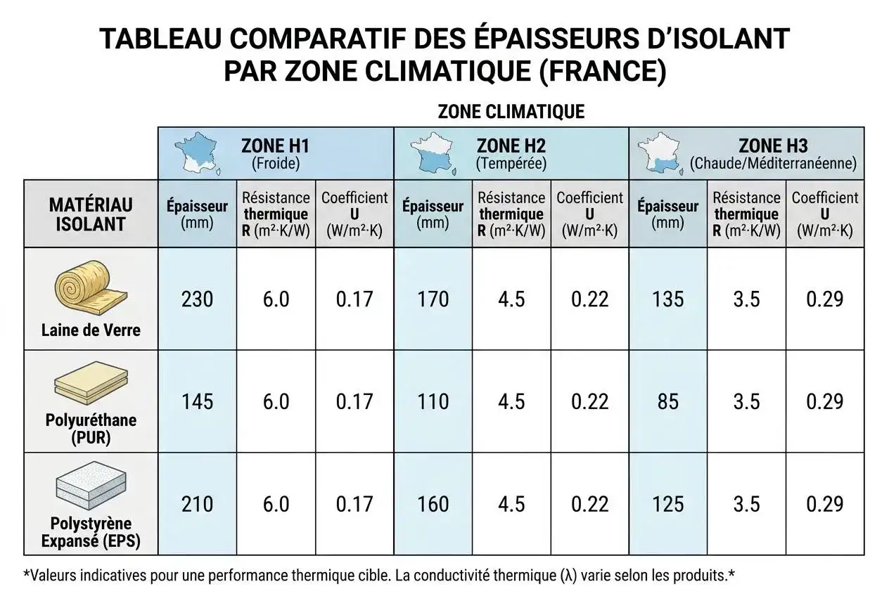 Tableau comparatif des épaisseurs d'isolant par zone climatique. Il montre le coefficient d'isolation thermique pour la laine de verre, le polyuréthane et le polystyrène expansé.