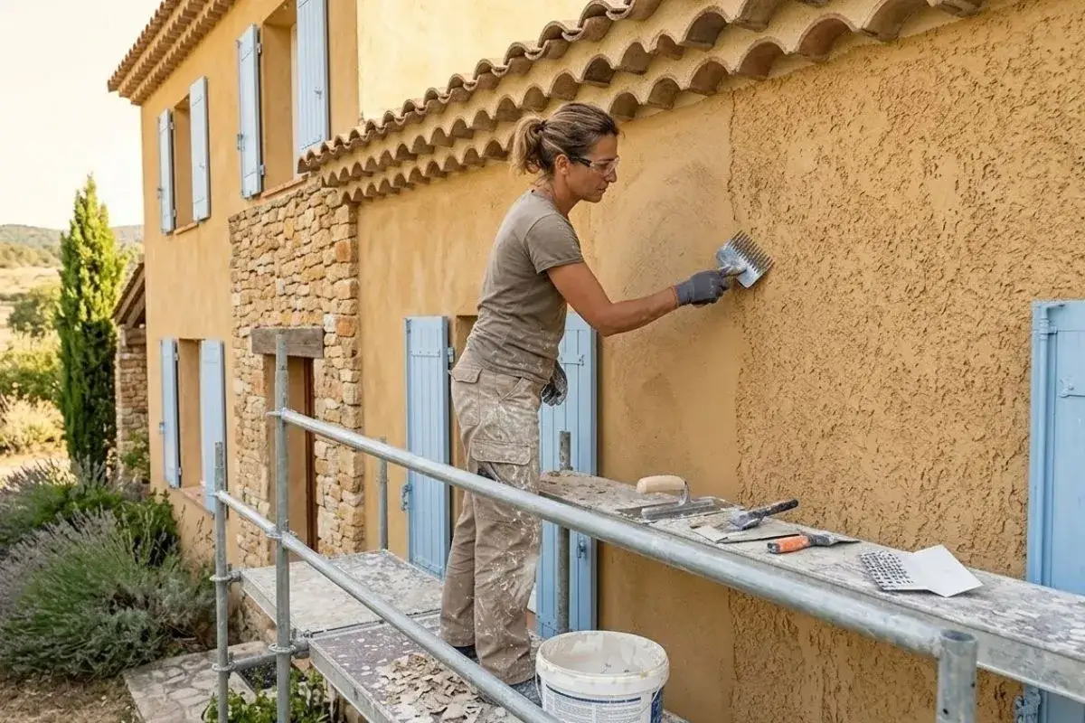Une femme sur un échafaudage est en train d'enduire un muret avec un outil texturé, créant un motif rustique sur la façade d'une maison provençale.