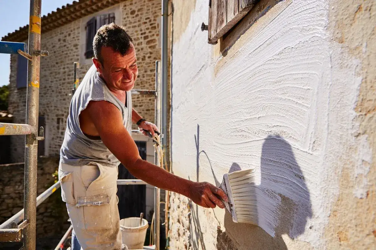 Un homme applique un badigeon à la chaux sur un mur en pierre avec un gros pinceau. Le soleil brille sur la scène.