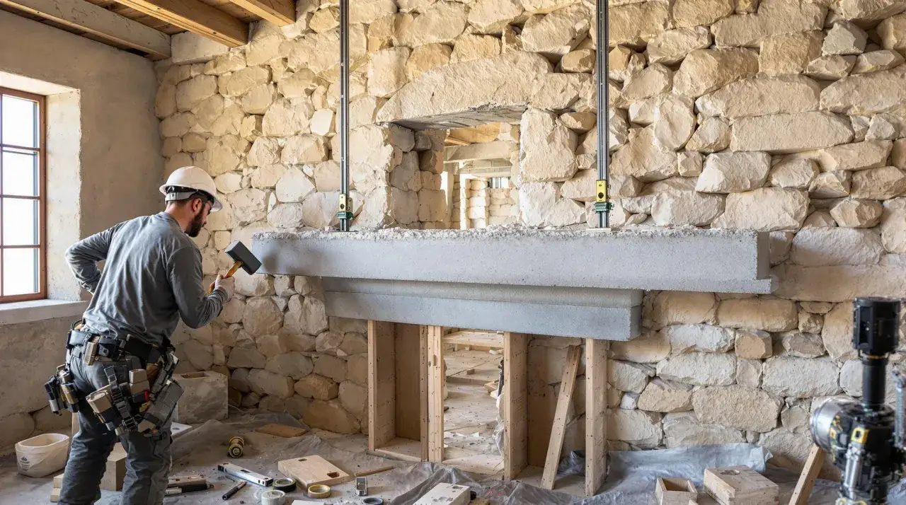 Un ouvrier ajuste une cheminée en béton devant une ouverture dans un mur en pierre.