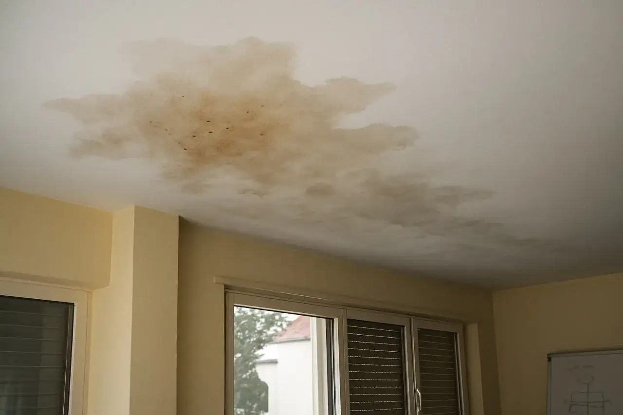 Taches brunes sur un plafond blanc, signe d'une infiltration terrasse. L'eau a travers&eacute; le plafond, laissant des traces inqui&eacute;tantes.