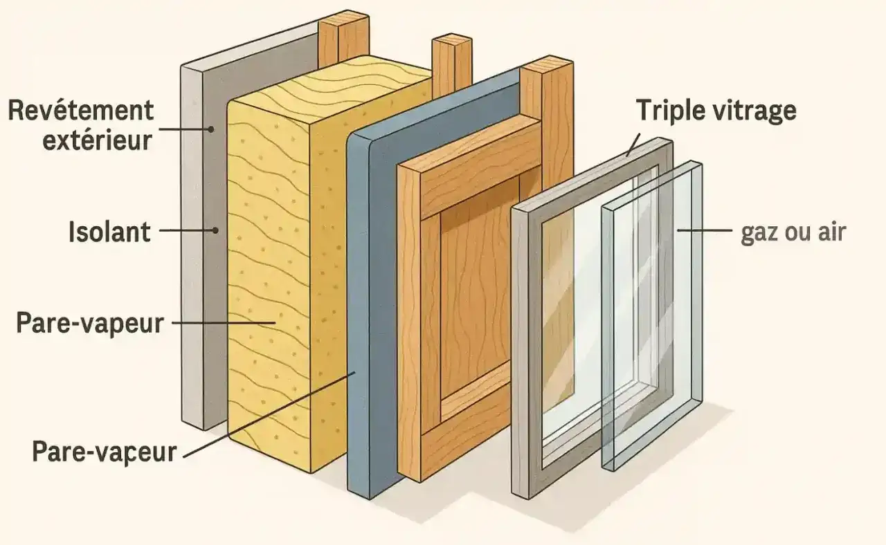 Coupe d'un mur de maison passive : rev&ecirc;tement ext&eacute;rieur, isolant, pare-vapeur, structure bois et triple vitrage.