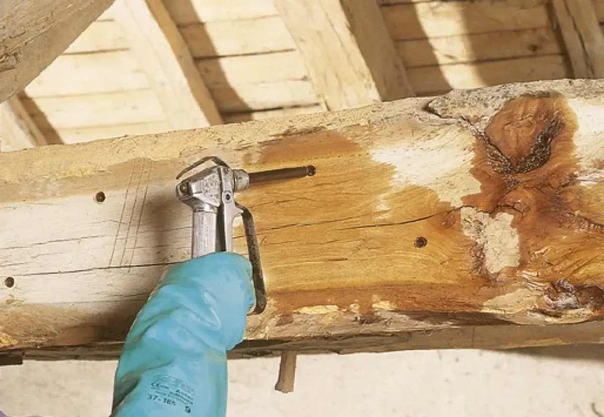 Application d'un traitement de charpente par pulvérisation sur une poutre en bois.