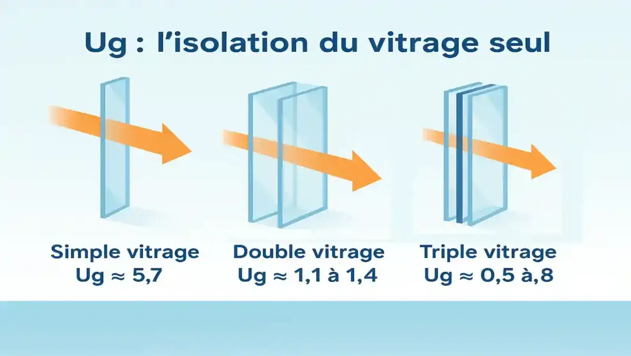 Comparaison de l'isolation thermique : simple, double et triple vitrage. Le triple vitrage offre la meilleure performance.