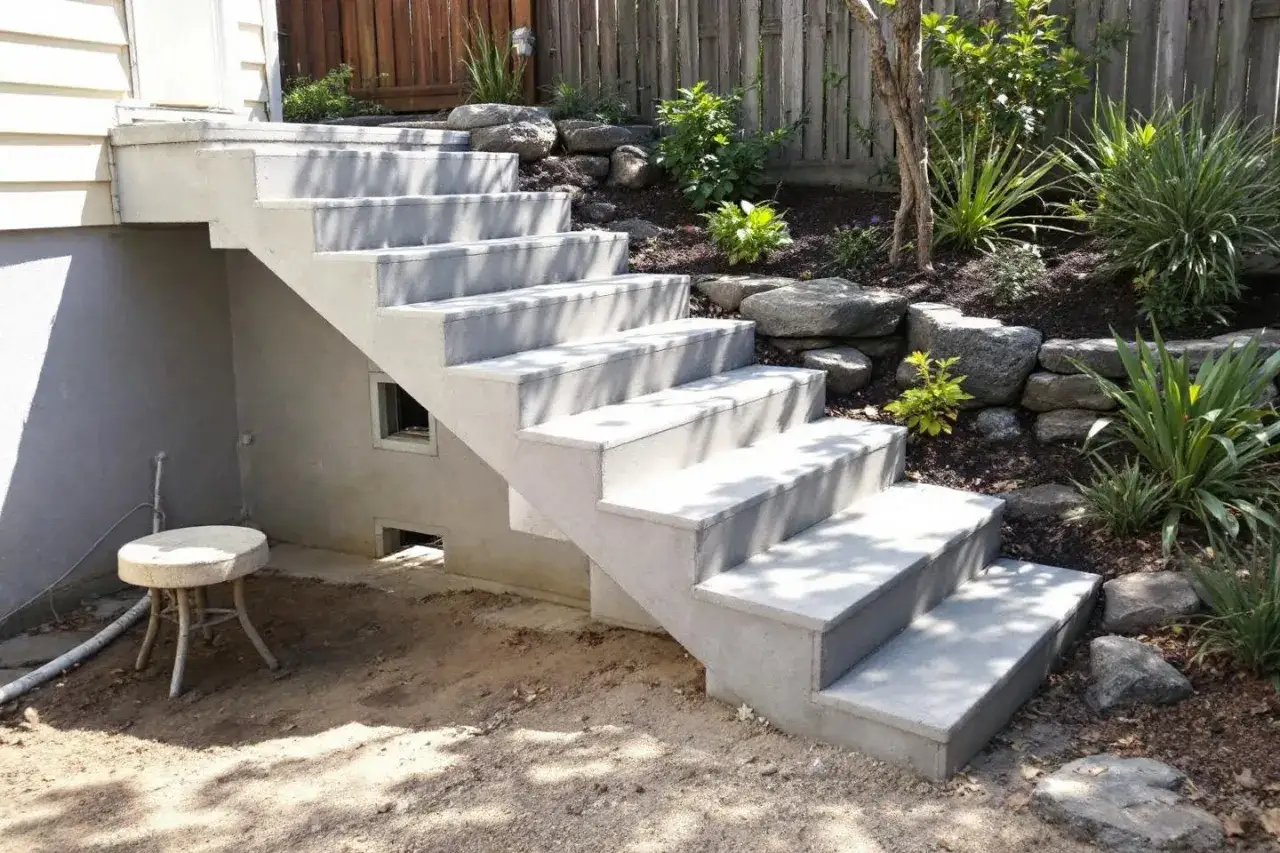 Un escalier ext&eacute;rieur en b&eacute;ton m&egrave;ne &agrave; un jardin paysager. Des rochers et des plantes ornent le paysage.