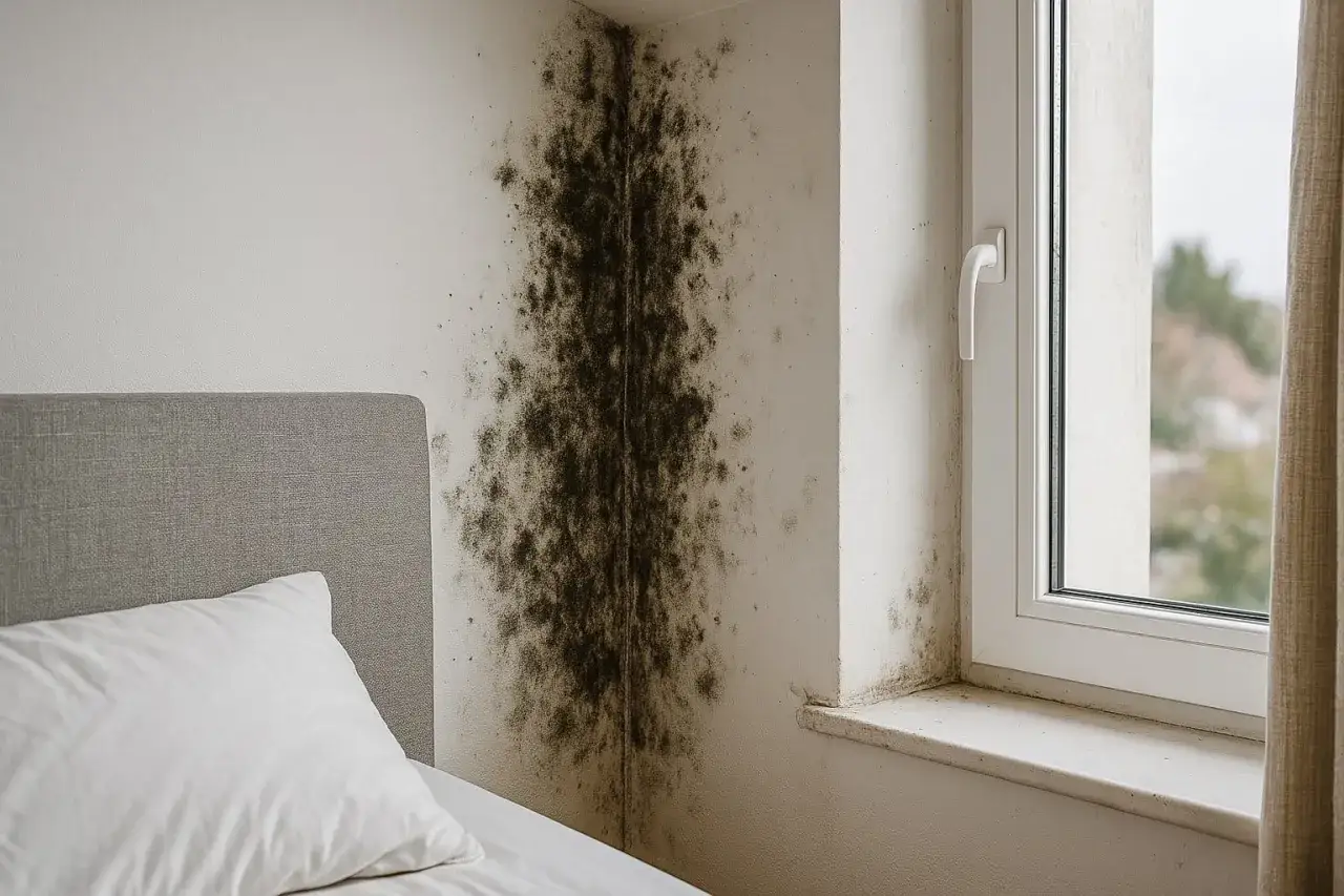 Gros amas de moisissure noire sur le mur d'une chambre, pr&egrave;s d'un lit et d'une fen&ecirc;tre. Il faut enlever moisissure mur chambre.