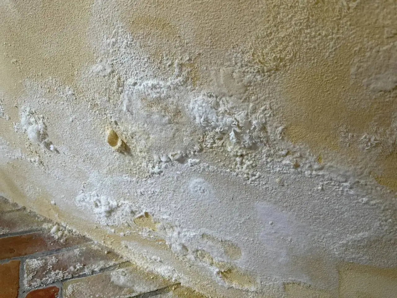 D&eacute;tails d'un mur jauni et effrit&eacute;, recouvert de d&eacute;p&ocirc;ts blancs, signe d'un assainissement maison ancienne n&eacute;cessaire.