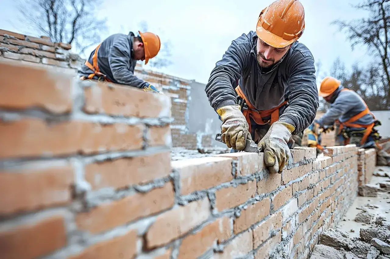 Trois ma&ccedil;ons construisent un mur en briques, le mortier de b&eacute;ton de ciment frais entre les briques.