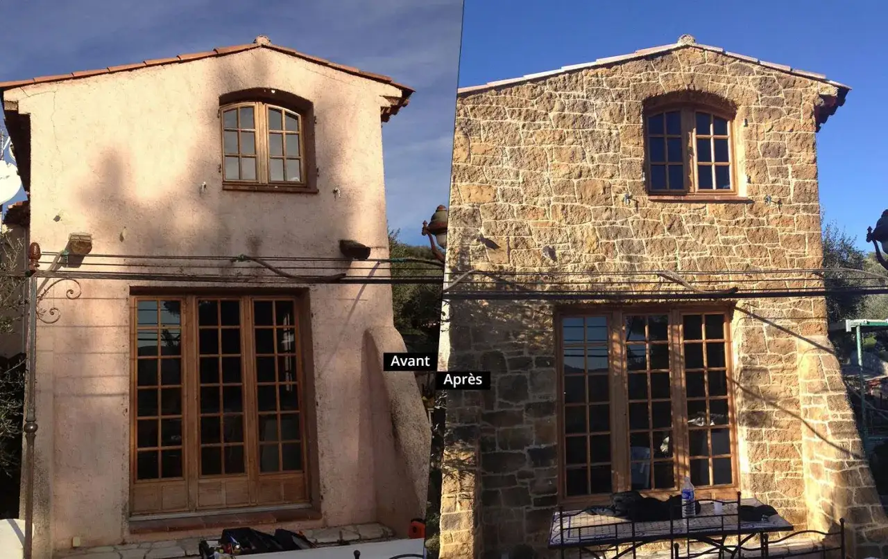 Avant/Apr&egrave;s : une fa&ccedil;ade enduite transform&eacute;e en un mur de pierre authentique gr&acirc;ce &agrave; un traitement de pierre r&eacute;ussi.