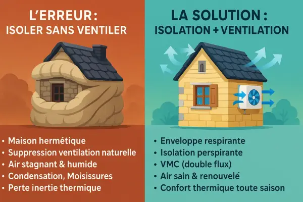 Maison étouffée par l'isolation sans ventilation, contrastant avec une maison aérée et ventilée. L'isolation de la maison est essentielle, mais la ventilation l'est tout autant.