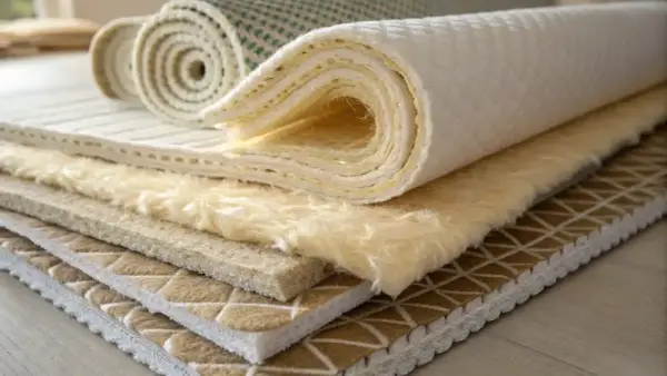 Échantillons de matériaux pour l'isolation textile recyclé, montrant différentes textures et épaisseurs.