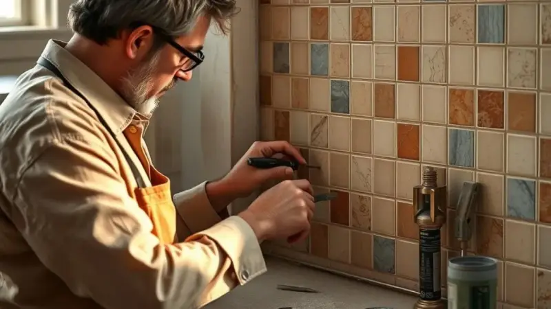 Un homme répare un mur carrelé. Il utilise des outils pour travailler sur les joints, peut-être pour comprendre qu'est-ce qu'un mortier.