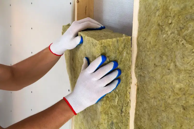 Pose d'isolant en laine de roche dans un mur. Les mains gantées ajustent le matériau pour une isolation optimale.